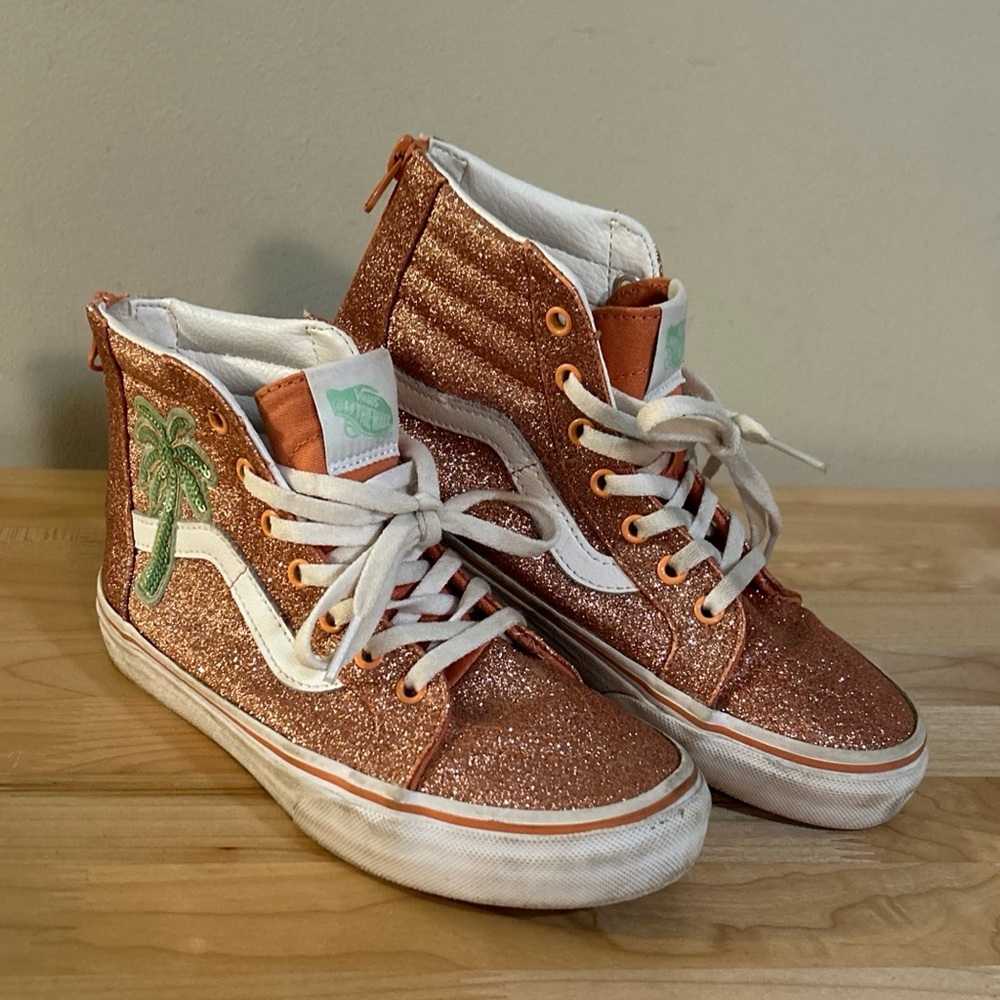 Vans SK8-Hi Zip Sequin Patch Girl's Shoes Kids Size 3 Glitter Palm Tree